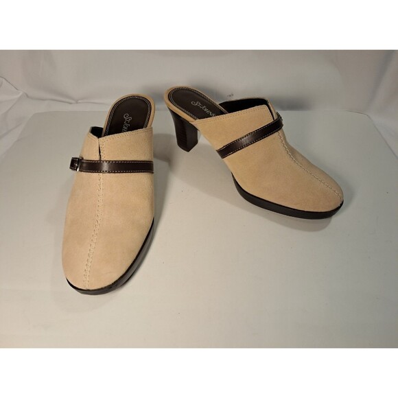 St. John's Bay Shoes - St. John's Bay Tan Brown Slip On Suede Mules 2.5" Heel Barely Worn Size 5.5M